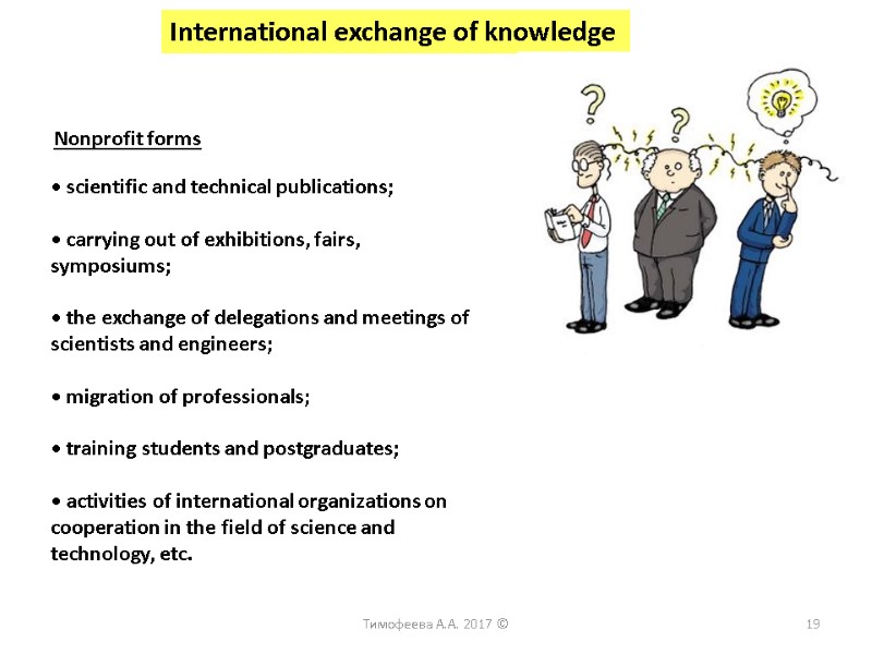 International exchange of knowledge Тимофеева А.А. 2017 © Nonprofit forms • scientific and technical